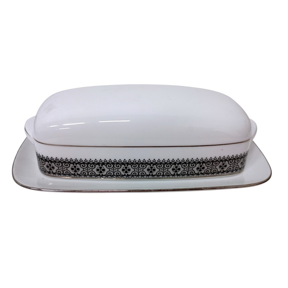 Noritake Vintage Butter Dish White Silver Trim Black Filigree Pattern Japan